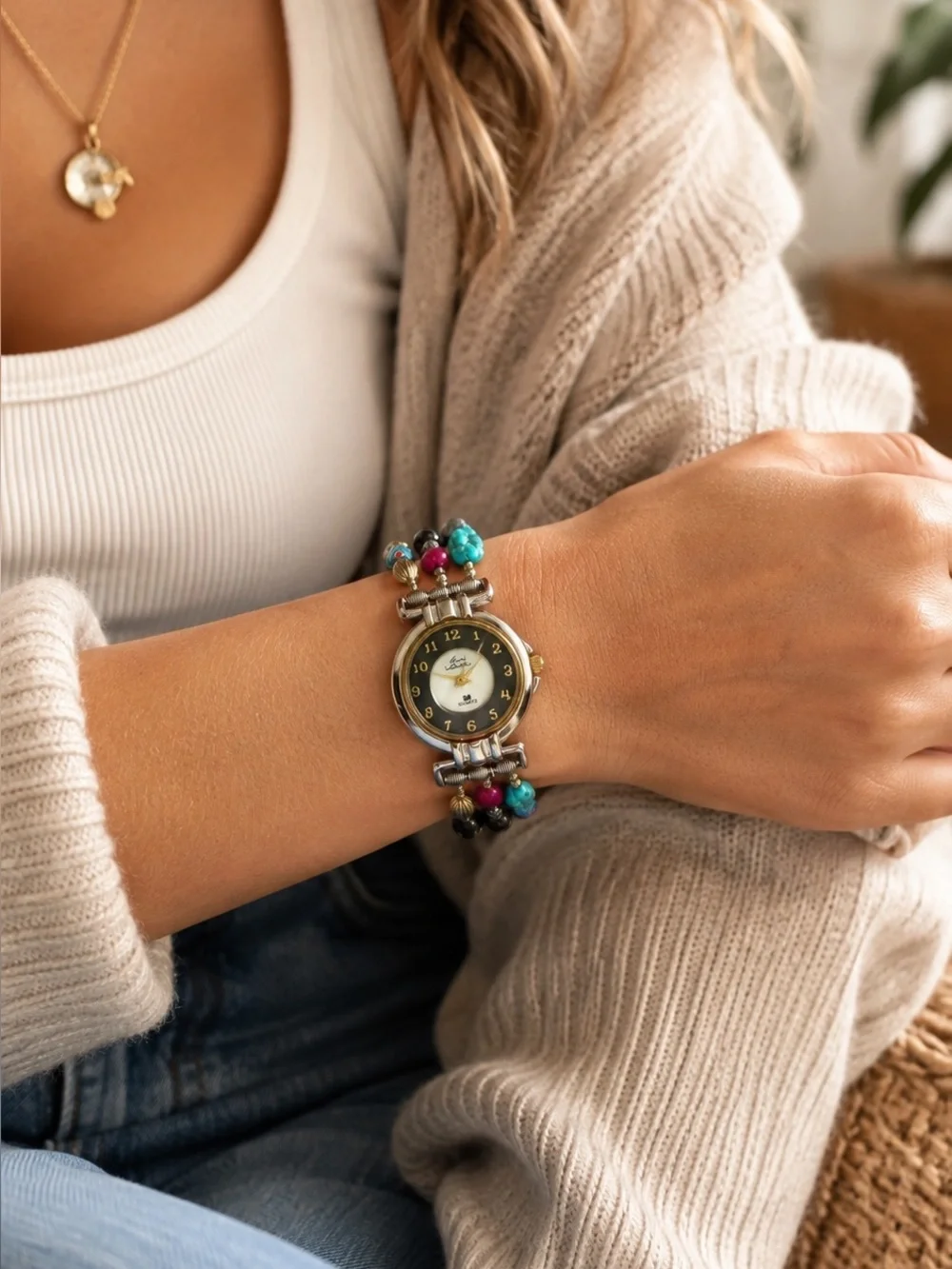 RARE Vintage Gloria Vanderbilt Ref 1024 Multicolor Beaded Quartz Bracelet Watch